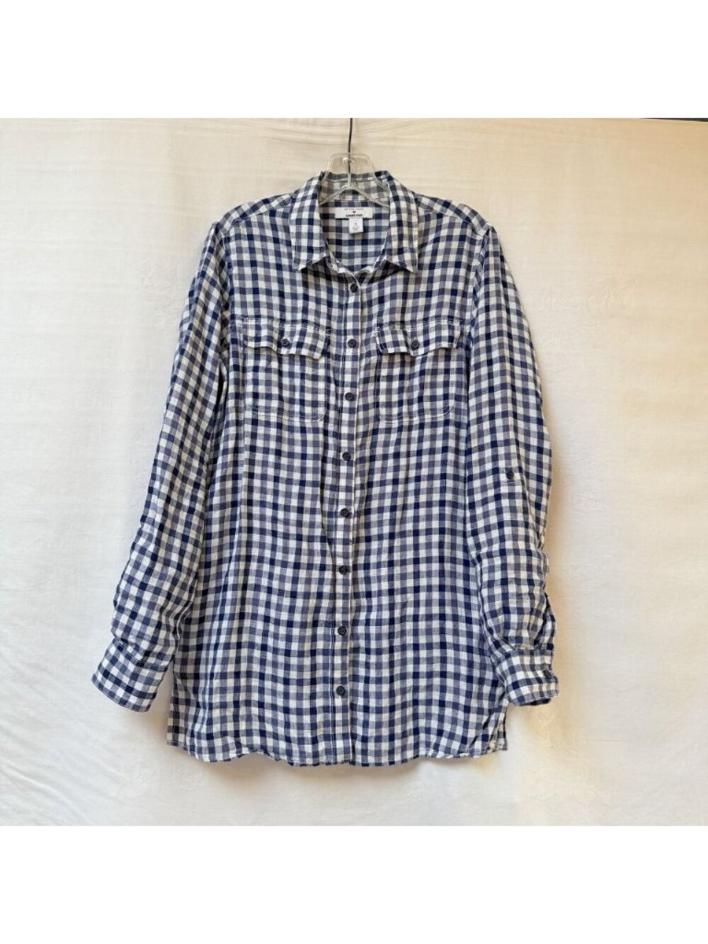 Land's End Small Button Up Linen Shirt Blue Gingham Preppy Draper James Roll Tab